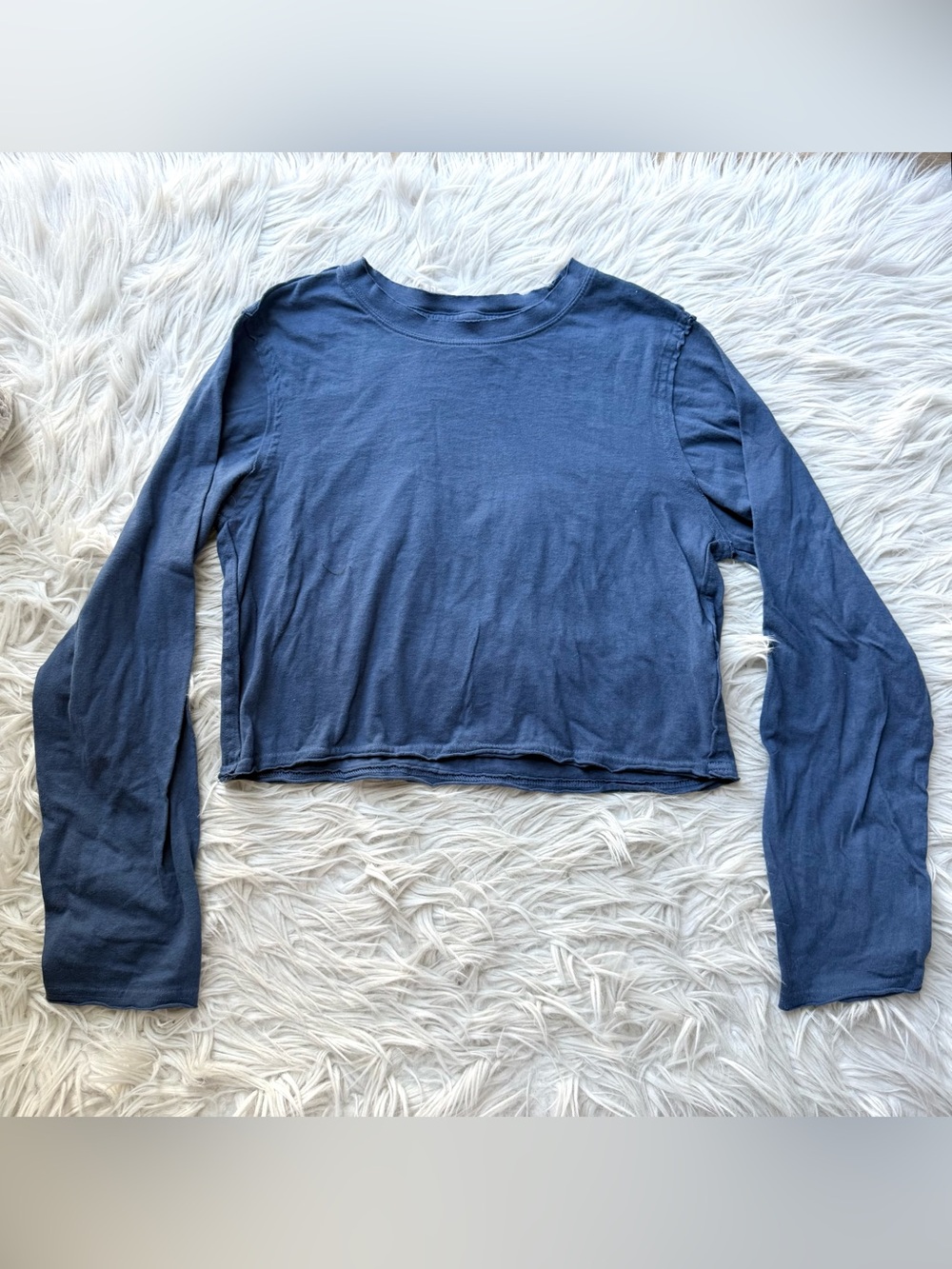 Free People We The Free Long Sleeve Crop Tee Blue Raw Hem Cotton XS